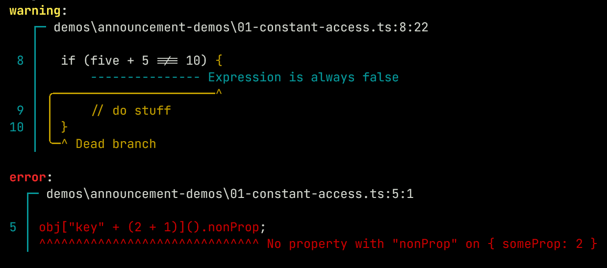 Expression is always false, No property with 'nonProp' on { someProp: 2 }